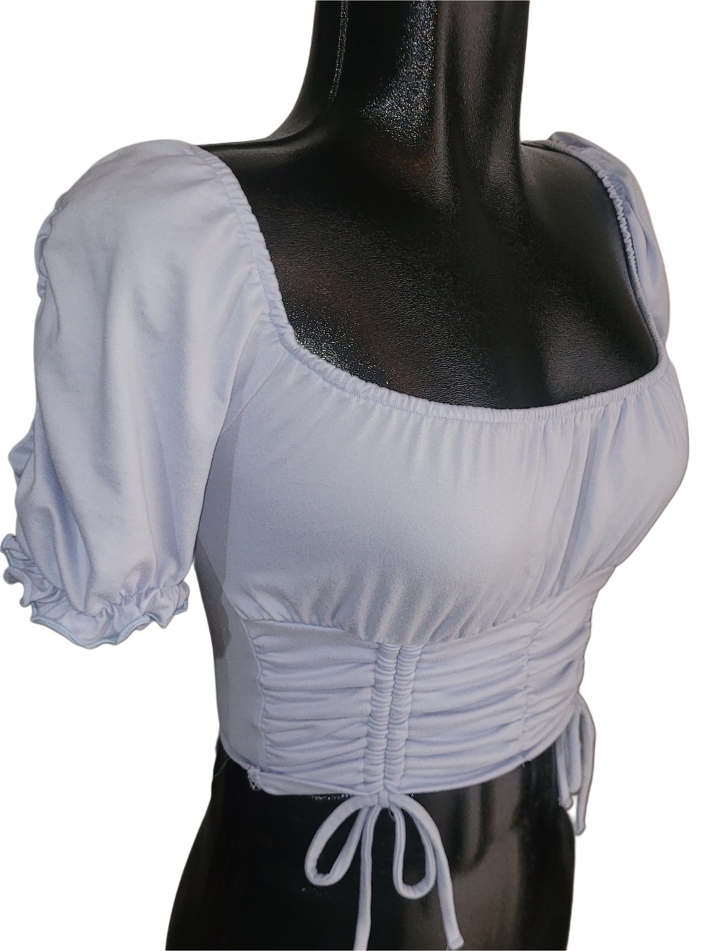Forever 21 Women's Light Blue Ruched Crop Top with Short Puff Sleeves Size S - Picture 2 of 6